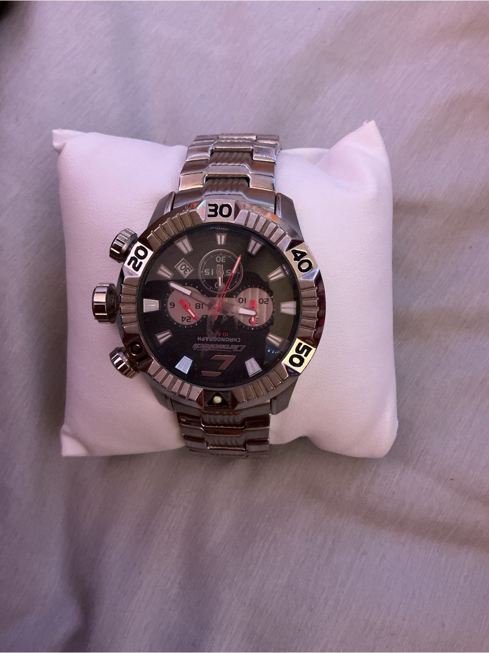 Sporty Chronograph Dive-Style Watch in Silver and Black with Red Accents